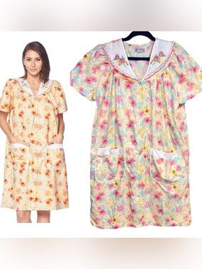 Floral Pearl Snap Floral Yellow House Dress Casual Retro Grannycore Loungewear